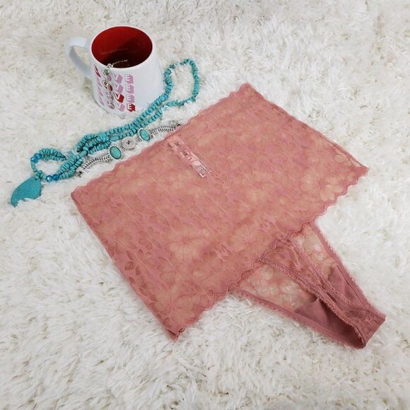 VS Pink Pale Lace Mesh Floral High Waist THONG Medium Nwt - Picture 3 of 4